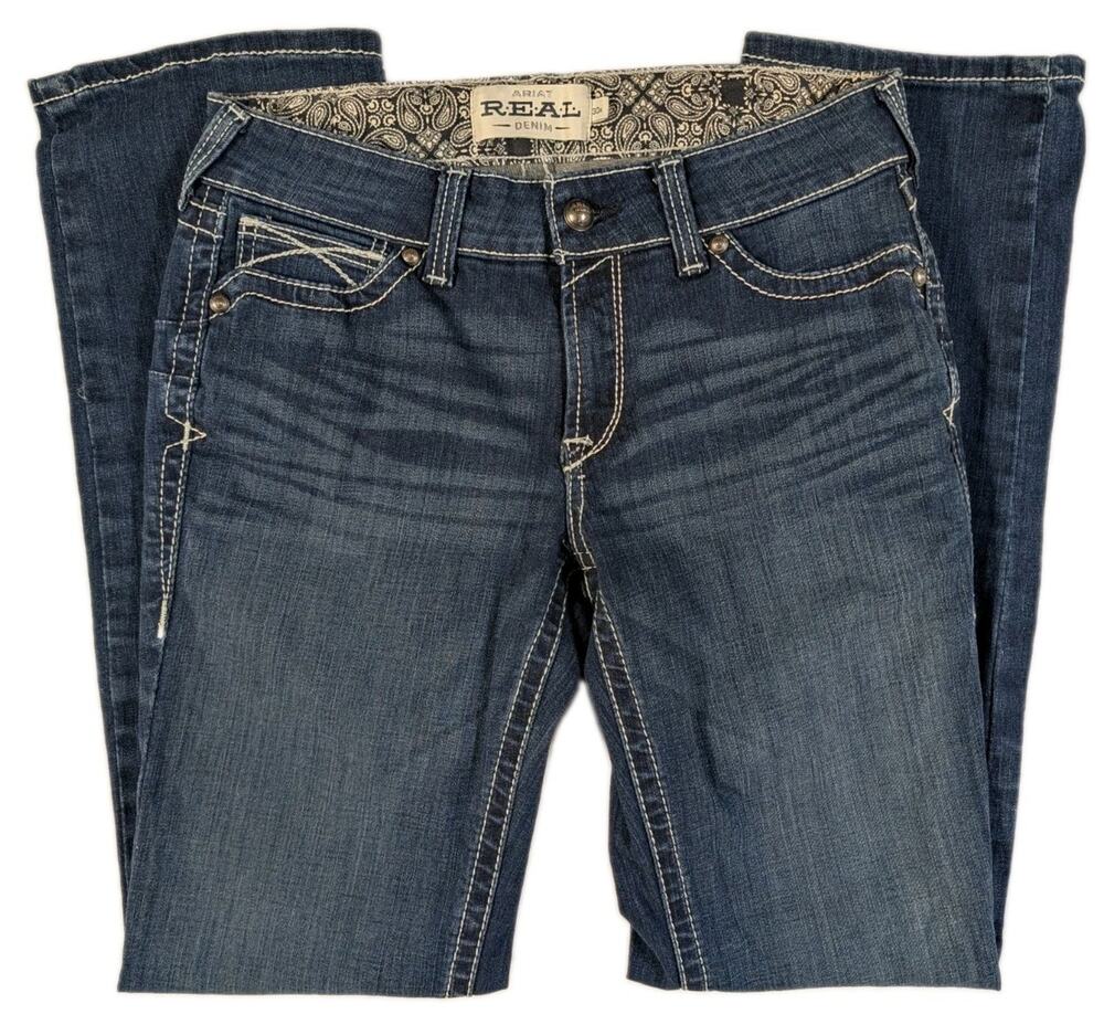 Ariat REAL Denim Straight Icon Jeans Womens 30R Ocean Blue Thick Stitch Stretch